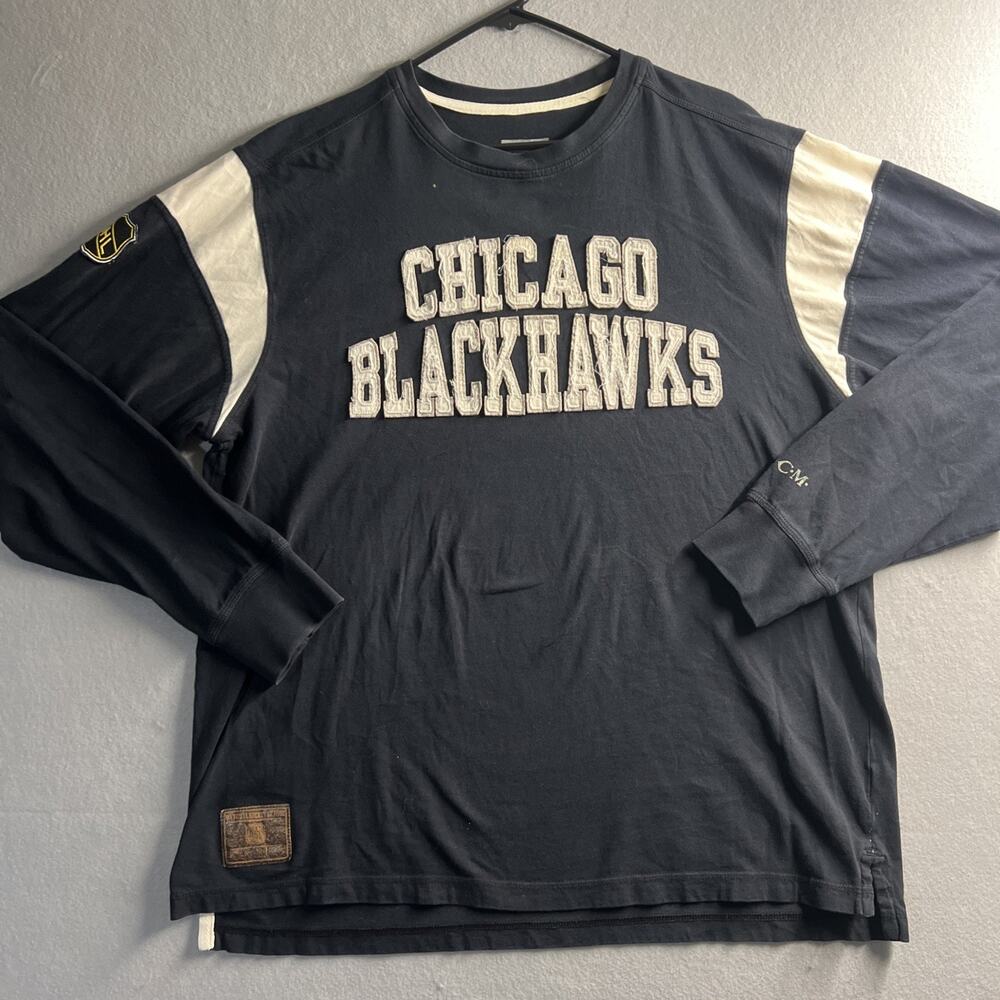 Vintage Chicago‎ Blackhawks Shirt XL NHL Patch Black Distressing Letters